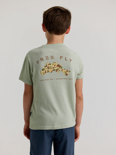 Free Fly Apparel Vintage Camo Redfish Tee for Youth Heather Desert Sage