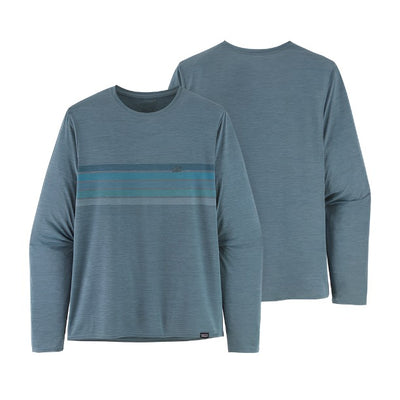 Long Sleeved Capilene Cool Daily Graphic Shirt for Men (FINAL SALE) Line Logo Ridge Stripe: Light Plue Grey X-Dye