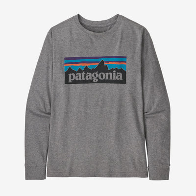 Patagonia Long-Sleeved Regenerative Organic Cotton Graphic T-Shirt for Kids (Past Season) P-6 Logo: Gravel Heather