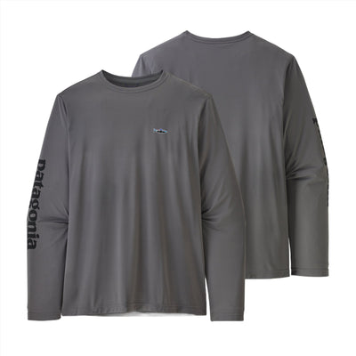 Patagonia Long Sleeved Capilene Cool Daily Fish Graphic Shirt for Men (Past Season) Text Logo : Nobel Grey